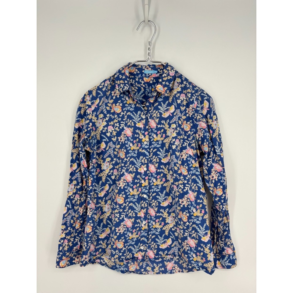 J.McLaughlin Blouse Small Blue Butterfly Floral Lois Button Up Shirt Garden